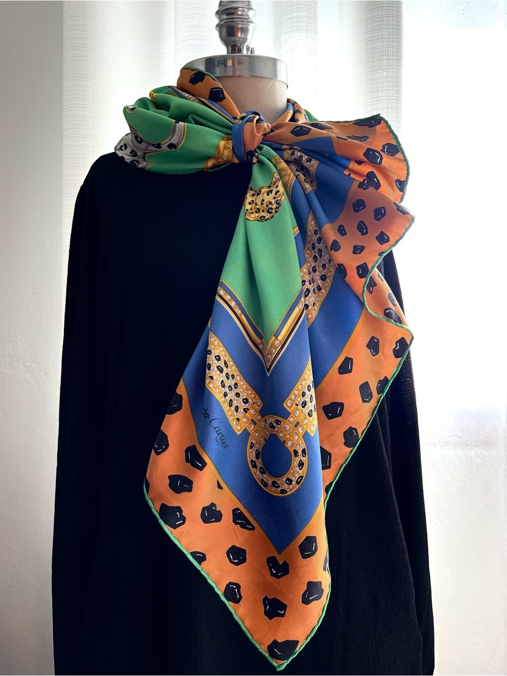 Cartier "Must de" Line Silk Scarf in Green, Blue & Orange, Vintage. Callouts.